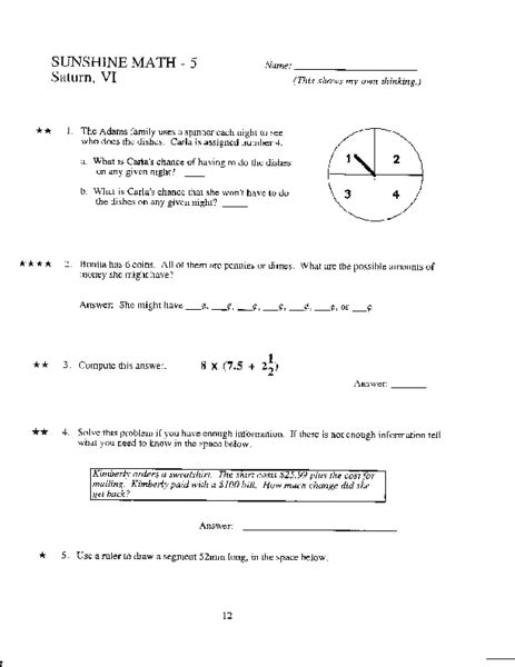 Sunshine Math Grade 5 Answer Key Doc