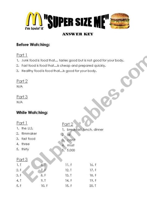 Super Size Me Answer Sheet PDF