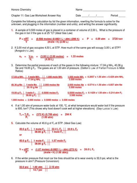 Supplemental Problems Gases Answer Key PDF