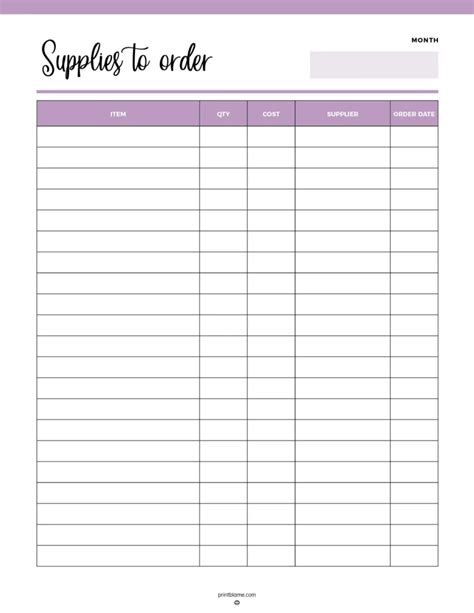 Supply List Template Free