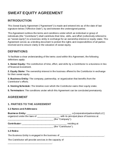 Sweat Equity Contract Template