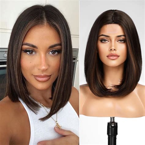 Synthetic Lace Front Wigs Straight Shoulder Length Wigs Brown Blunt Bob Wigs