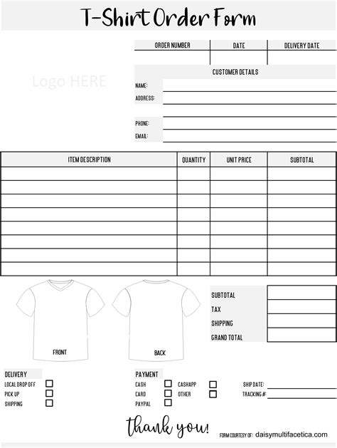 T Shirt Order Forms Template Free