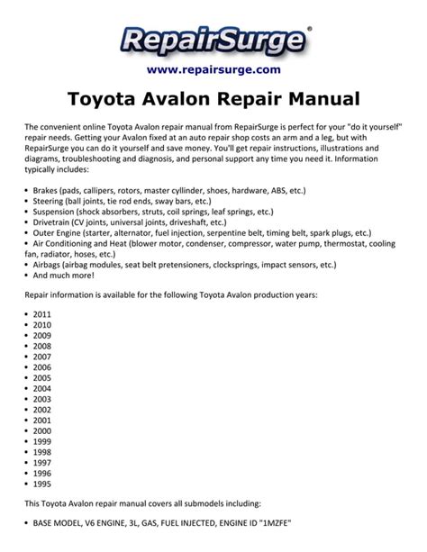 TOYOTA AVALON REPAIR MANUAL Ebook Reader