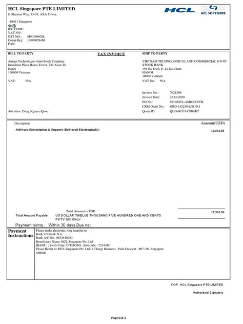 Table 1: HCL Singapore Pte. Ltd. Revenue