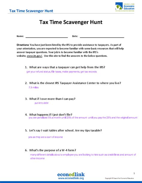 Tax Time Scavenger Hunt Answer Key Kindle Editon