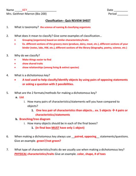 Taxonomy Review Sheet Answers Doc