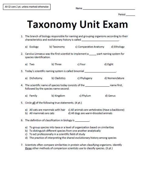 Taxonomy Unit Take Home Exam Answer Key Reader