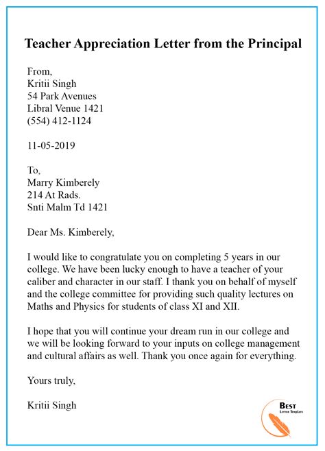 Teacher Appreciation Letter Template