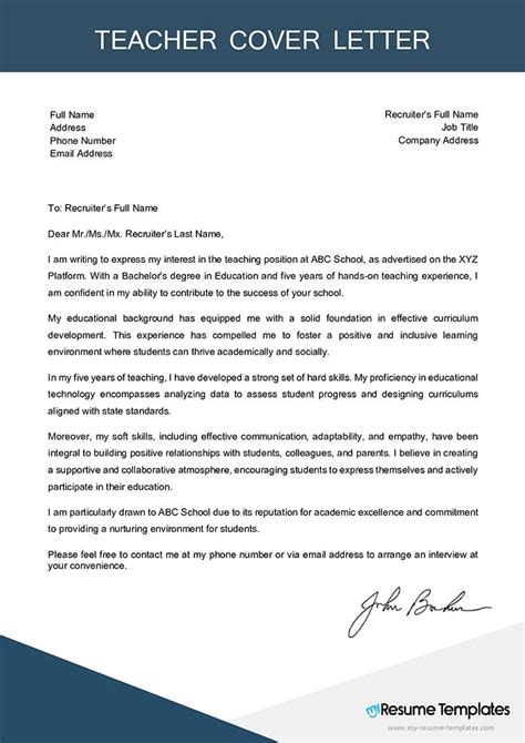 Teacher Cover Letter Templates
