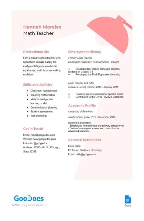 Teacher Resume Template Google Docs
