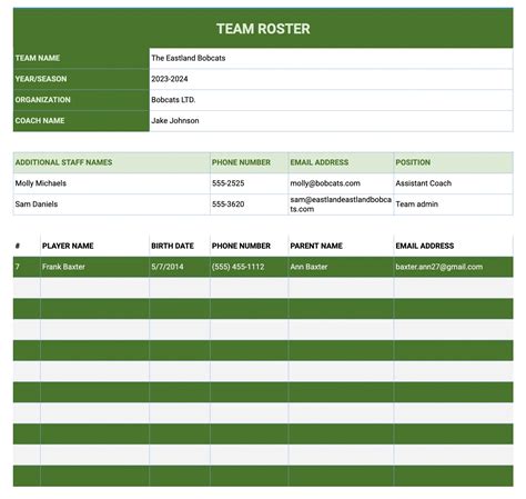 Team Roster Template