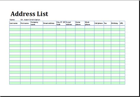 Template For Address List