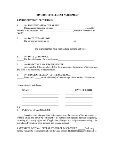 Template For Divorce Agreement