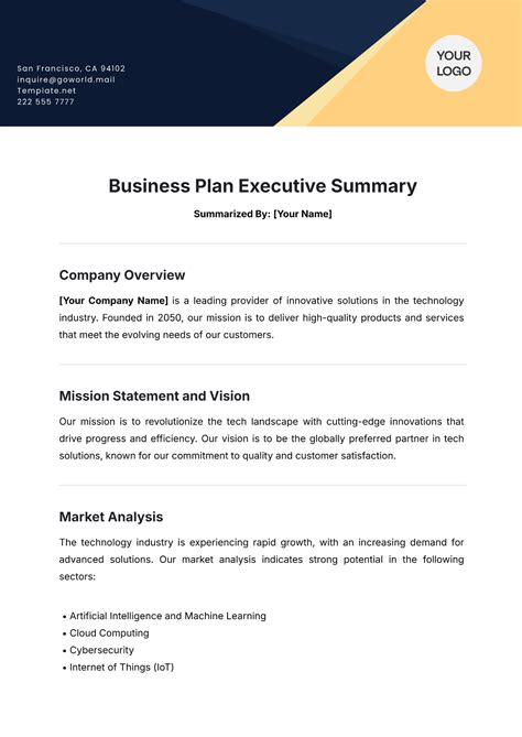Template For Executive Summary For A Business Plan
