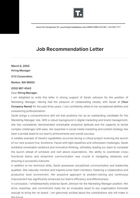Template For Letter Of Recommendation For Job