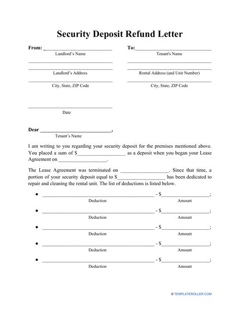 Template For Security Deposit Refund Letter