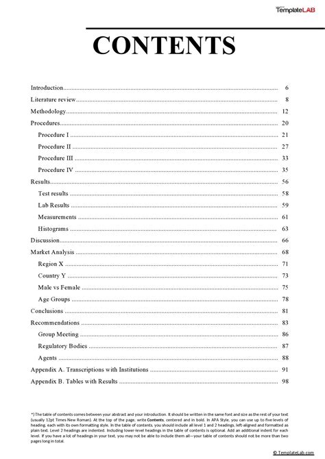 Template For Table Of Contents Apa Style