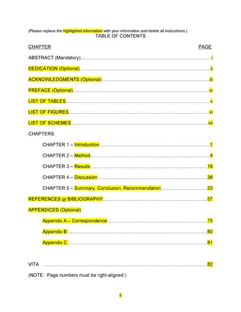 Template For Table Of Contents Word
