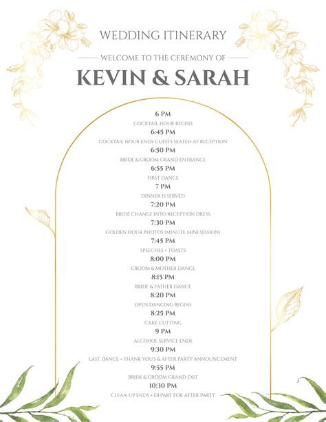 Template For Wedding Itinerary