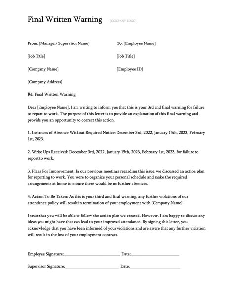 Template For Written Warning