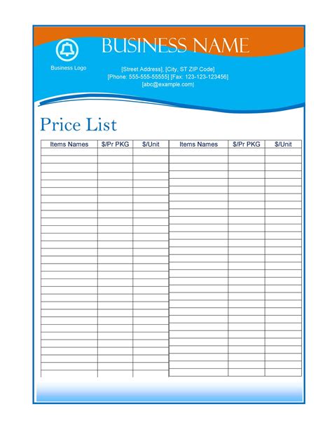 Template Of Price List