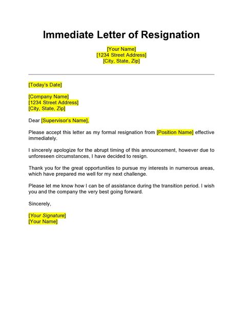 Template Of Resignation Letter With Immediate Effect