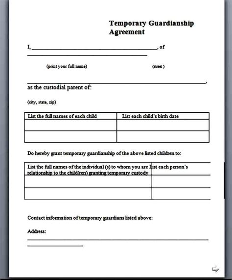 Temporary Guardianship Agreement Template
