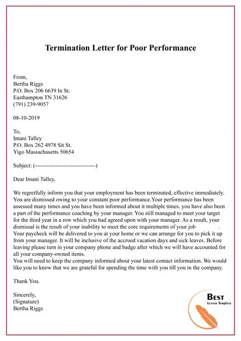 Termination Letter Template Poor Performance