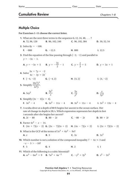 Test And Cumulative Review Answers Pearson Algebra Doc