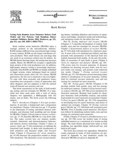 Testing Static Random Access Memories Defects, Fault Models and Test Patterns 1st Edition PDF