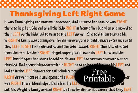 Thanksgiving Left Right Game Free Printable