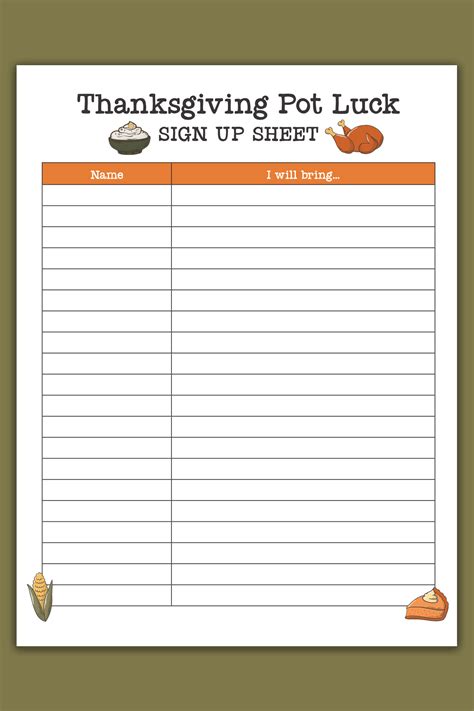 Thanksgiving Potluck Sign Up Sheet Template