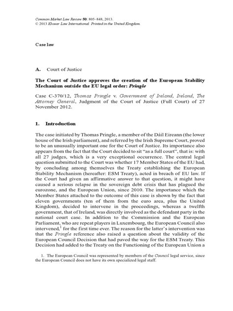 The European Stability Mechanism before the Court of Justice of the European Union Comments on the P Epub