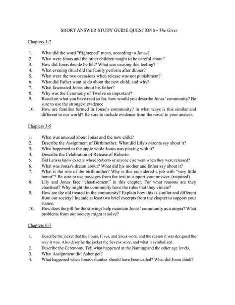 The Giver Chapter 4 Questions And Answers Reader