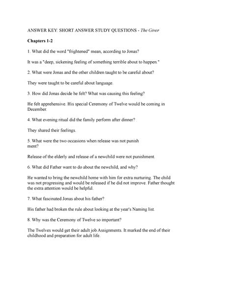 The Giver Questions Answers Epub