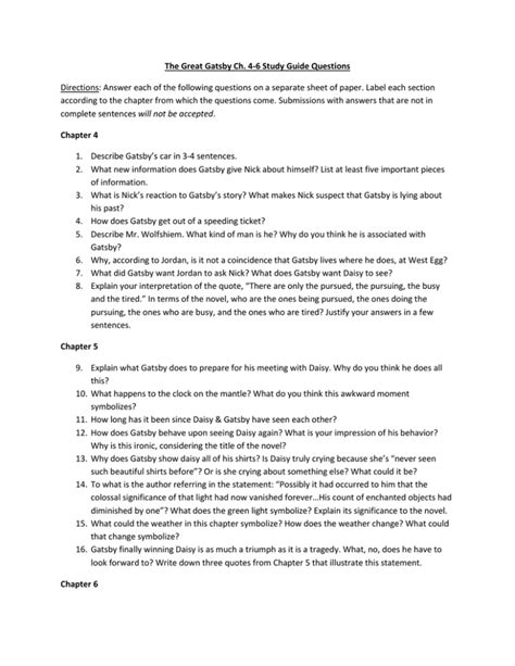 The Great Gatsby Chapter 4 Study Guide Answers Reader