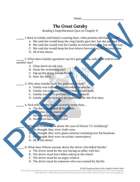 The Great Gatsby Chapter Questions Answer Key Epub