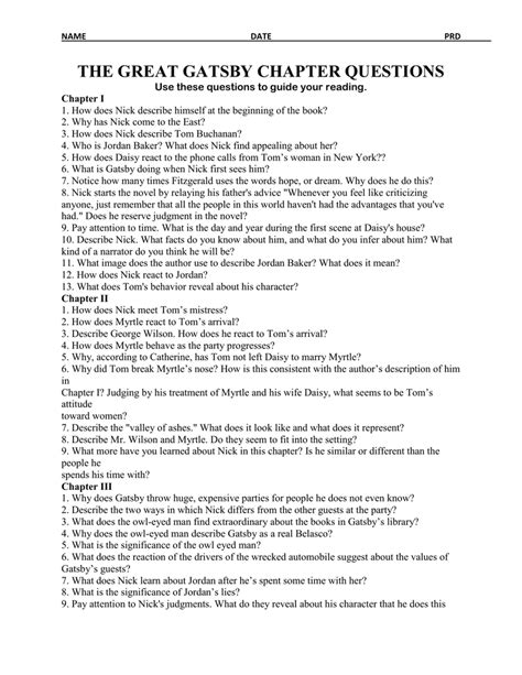 The Great Gatsby Chapter Questions Answers Reader