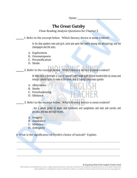 The Great Gatsby Worksheet Answers PDF