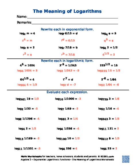 The Meaning Of Logarithms Worksheet Answers PDF