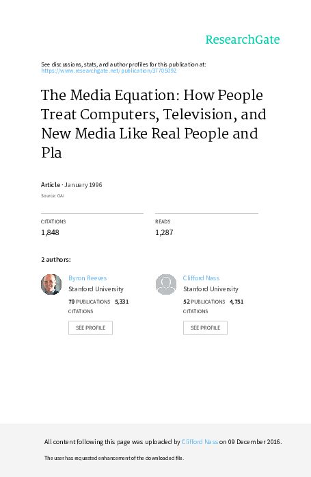The Media Equation How People Treat Computers Television and New Media Like Real People and Places CSLI Lecture Notes S Kindle Editon