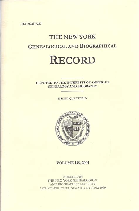 The New York Genealogical And Biographical Record Vol. 135 Number 1 January 2004 Ebook Kindle Editon