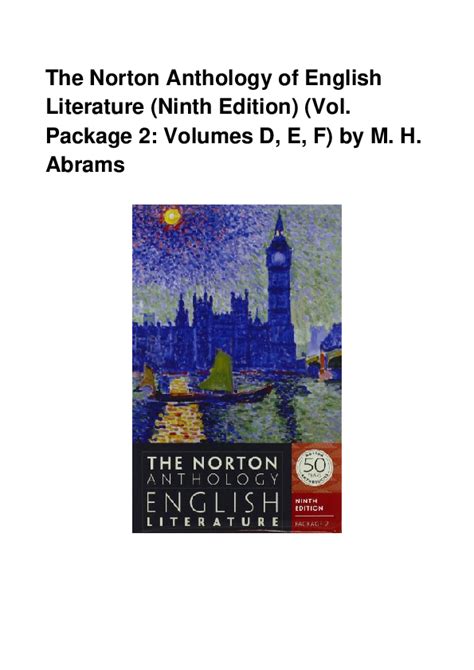 The Norton Anthology of English Literature Ninth Edition Vol D Reader