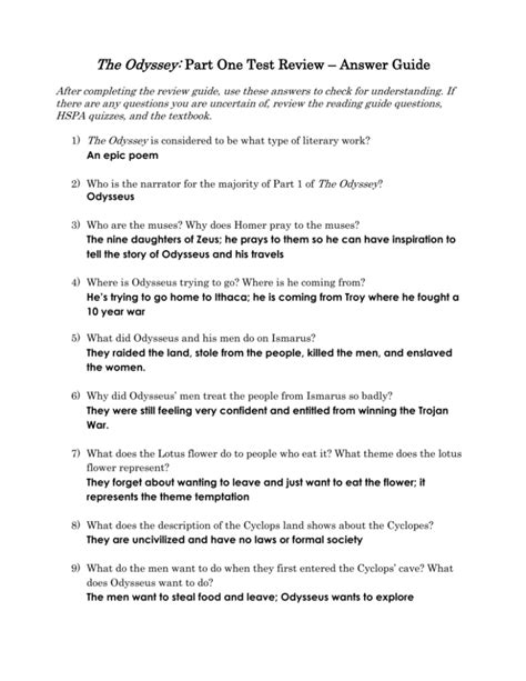 The Odyssey Part 1 Test Answers Epub