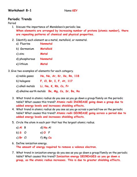 The Periodic Table And Law Worksheet Answer Key PDF
