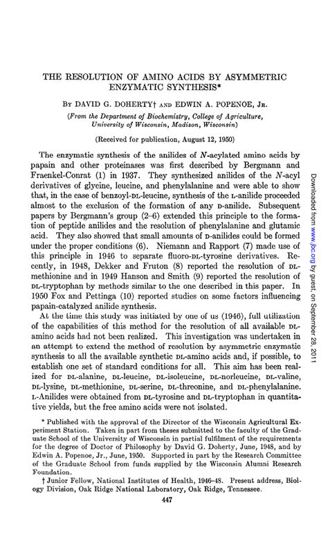 The Resolution Of Amino Acids By Asymmetric Enzymatic Kindle Editon