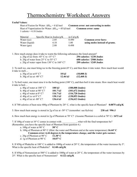 Thermochemistry Worksheet 2 Answers Doc