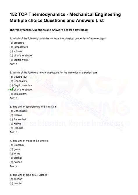 Thermodynamic Chemistry Multiple Choice Answers Kindle Editon