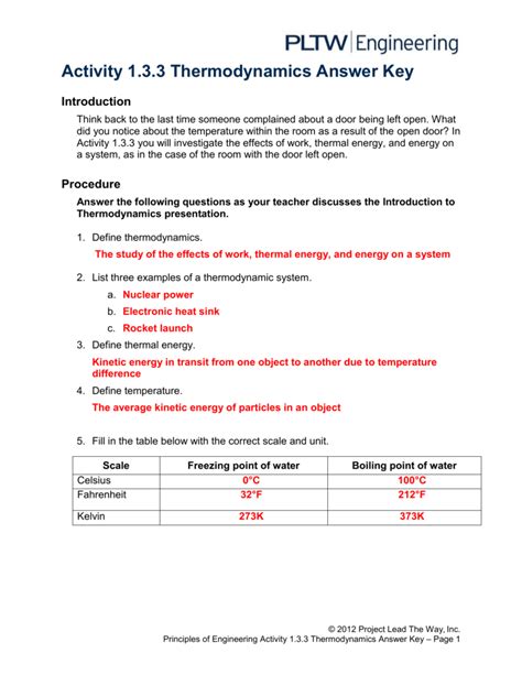 Thermodynamics Reading Guides Thermal Energy Answer Key Reader